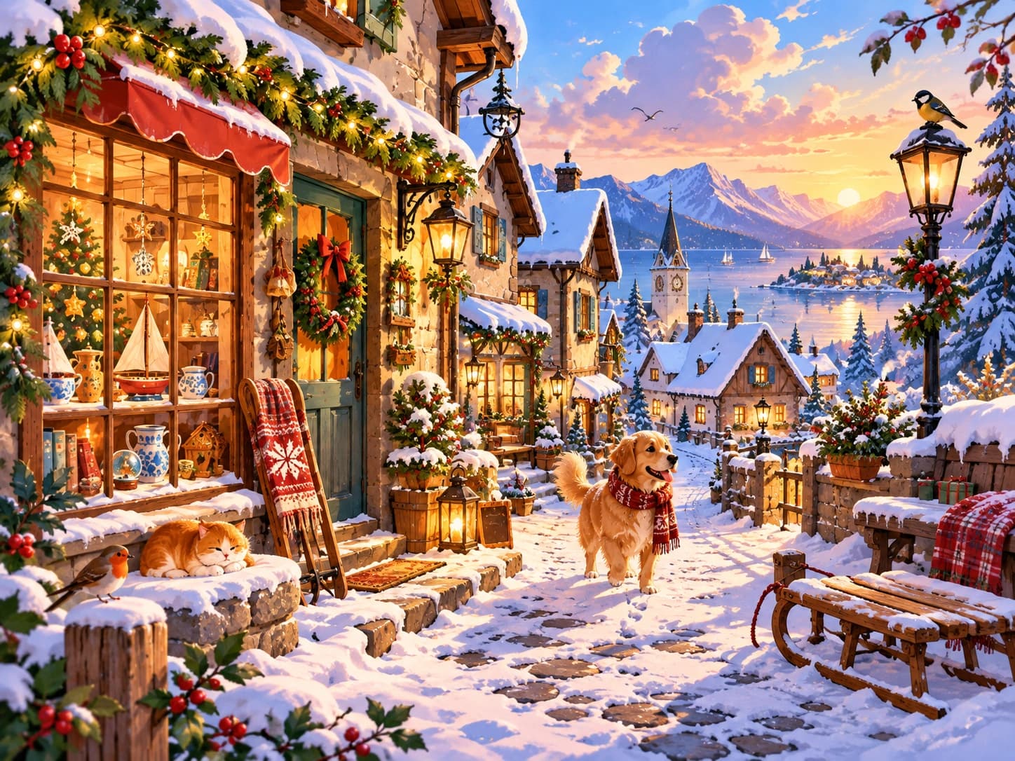 Snowy Village Sunset Spot the Difference puzzle