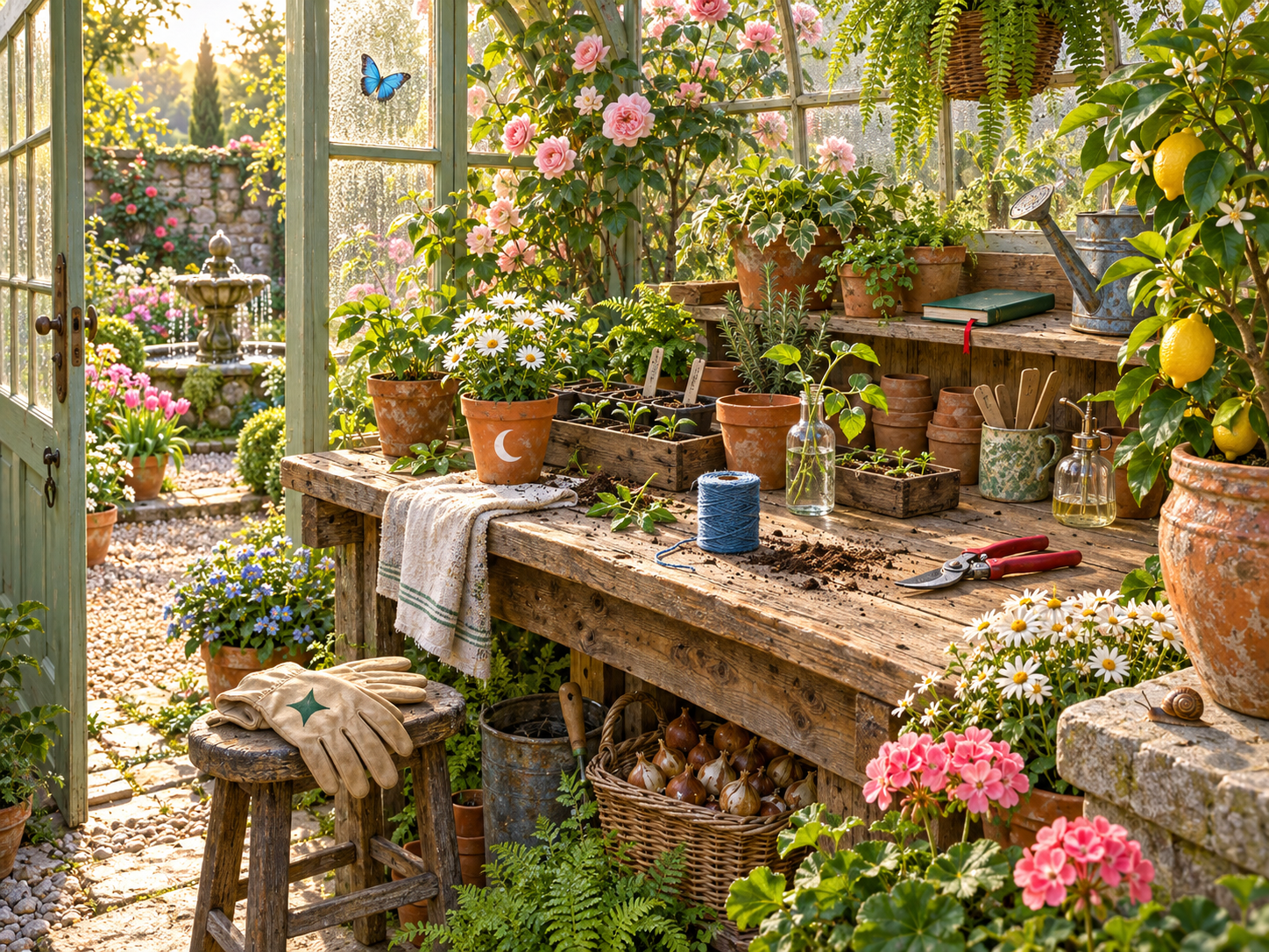 Sunlit greenhouse with climbing roses, daisies, a lemon tree and a wooden potting bench holding seedlings, terracotta pots, blue twine and gardening tools.