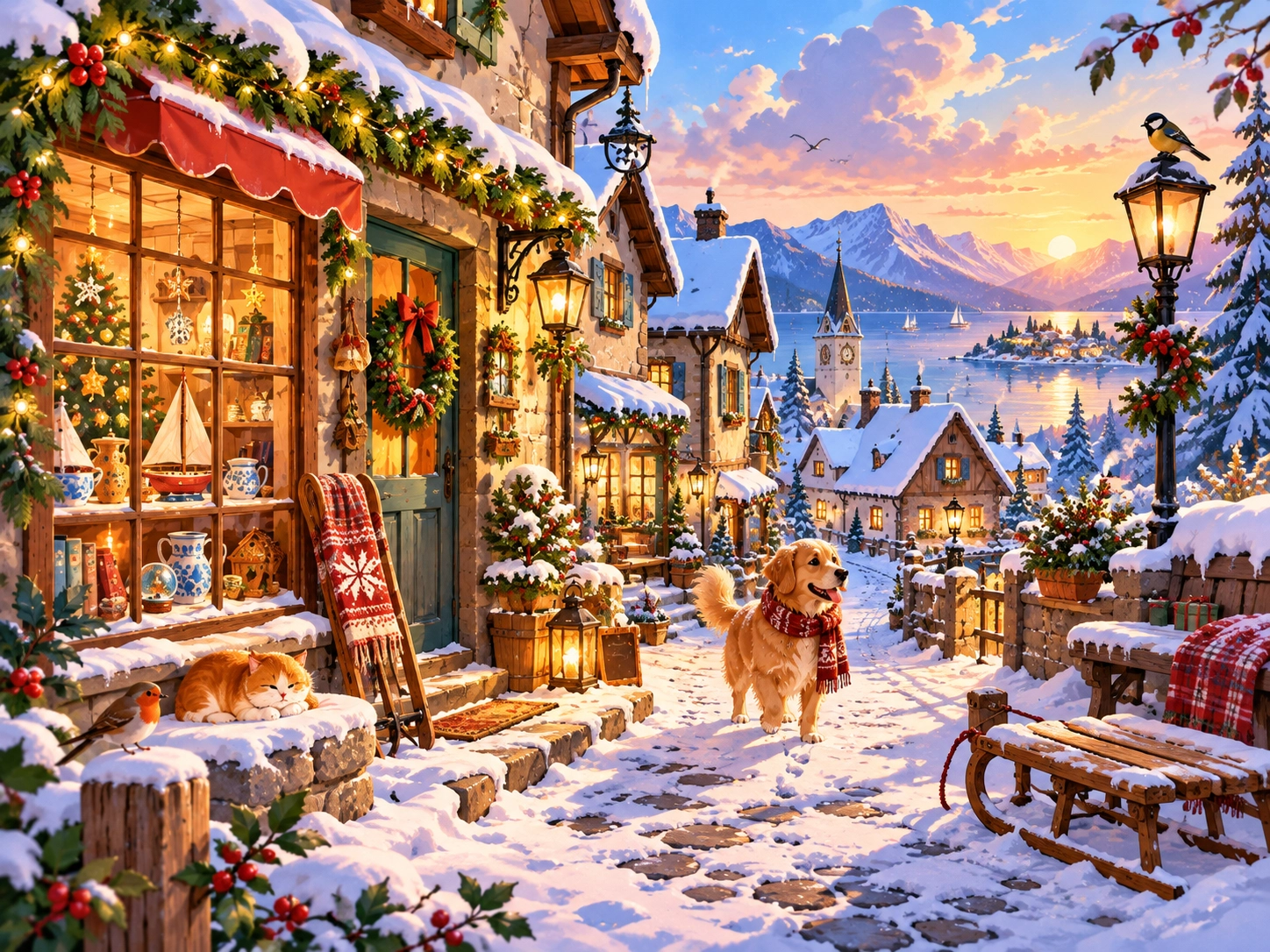 Snowy Village Sunset original A image.